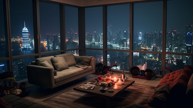 A cozy penthouse room with a view of skyscrapers