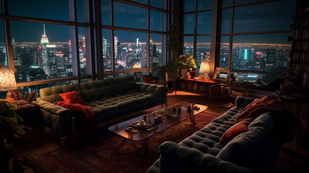 A cozy penthouse room with a view of skyscrapers