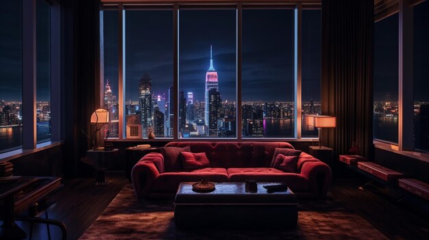 A cozy penthouse room with a view of skyscrapers