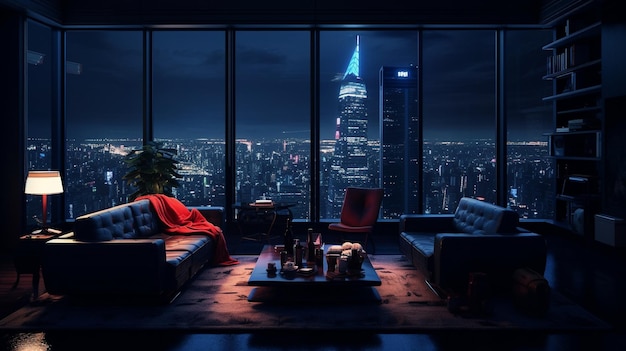 A cozy penthouse room with a view of skyscrapers