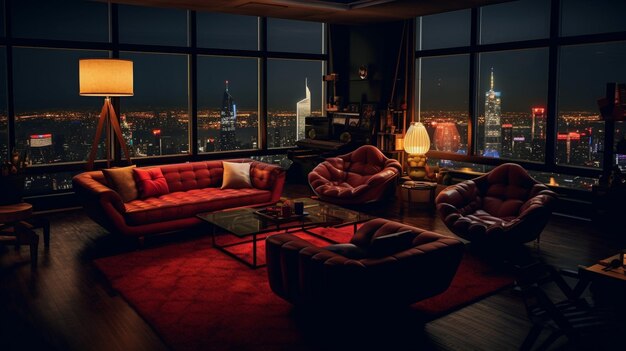 A cozy penthouse room with a view of skyscrapers