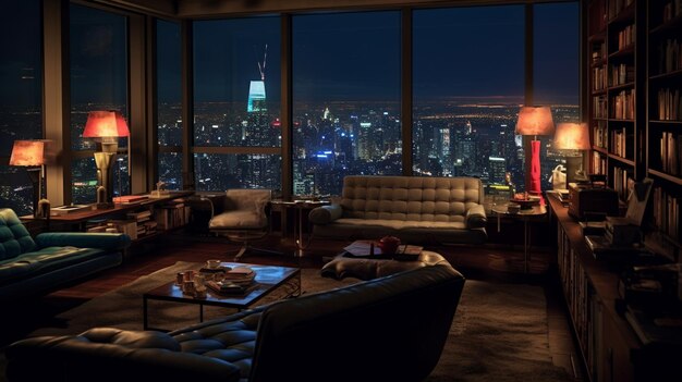 A cozy penthouse room with a view of skyscrapers