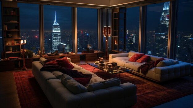 A cozy penthouse room with a view of skyscrapers