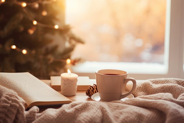 Photo cozy photo a cup of coffee a blanket by the window christmas lights winter