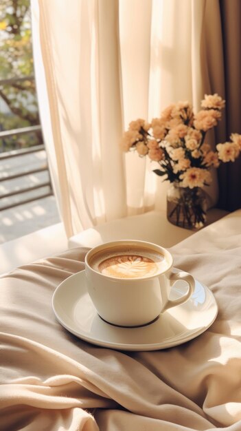 Cozy photo A cup of coffee a blanket by the window