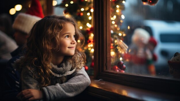 Photo cozy photo with the soft glow of christmas lights a child looking out the window