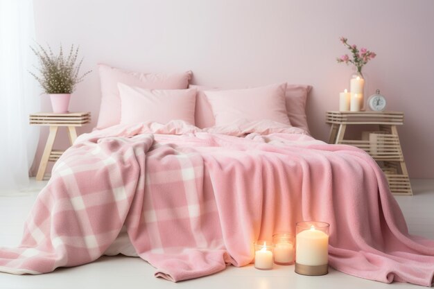 Photo cozy pink bedroom interior with candles and flowers