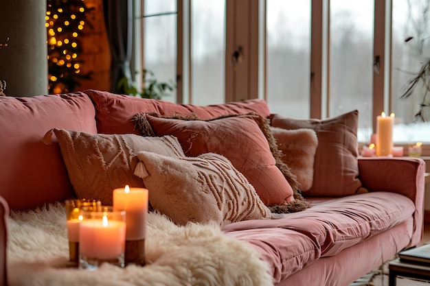 暖かいピンクのソファと羊皮の枕 スカンジナビアのヒージー リビング部屋 暖かな冬の囲気
