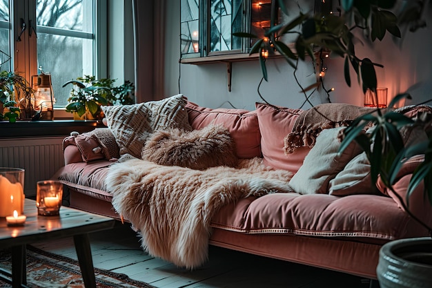 暖かいピンクのソファと羊皮の枕 スカンジナビアのヒージー リビング部屋 暖かな冬の囲気