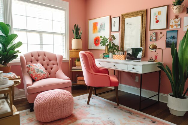 A cozy and playful home office with a bright pink chair