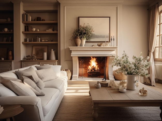 Cozy Provence living room complemented by soft lighting AI Generative