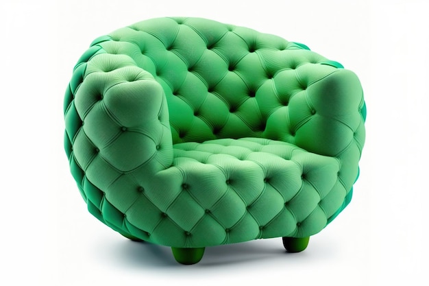 Cozy puffy armchair in green with clipping path isolated on white background Concept of comfortable indoor or outdoor contemporary furniture Series of furniture