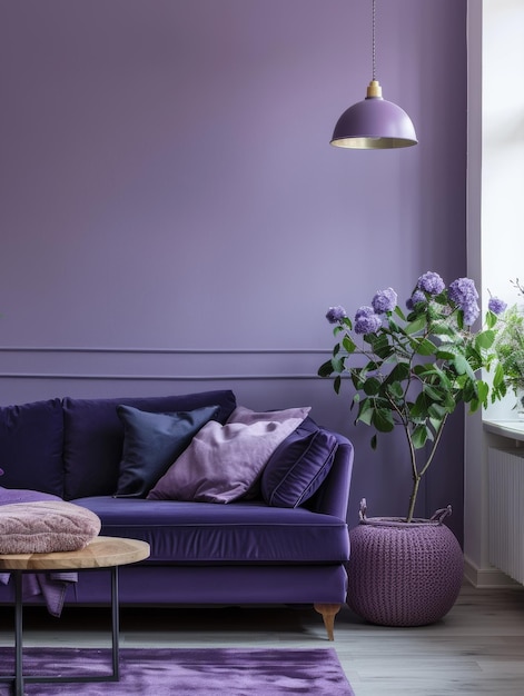 A cozy purple sofa anchors a stylish living room with a touch of greenery