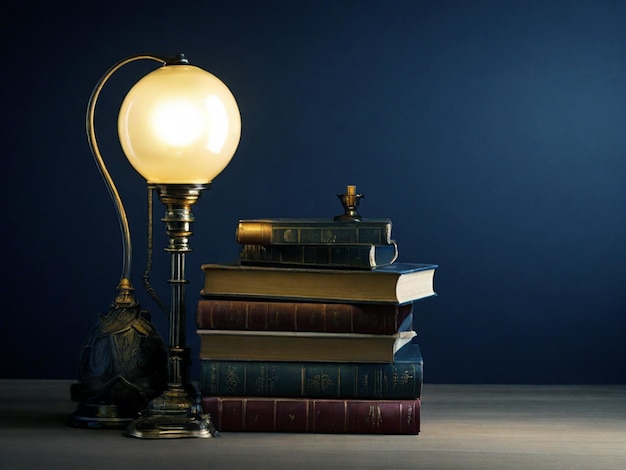 Cozy Reading Corner Book with Table Lamp on Wooden Table