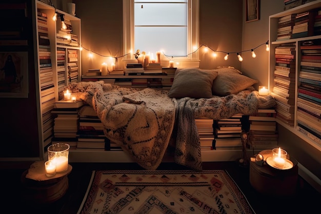 A cozy reading nook filled with books candles and knitted blankets