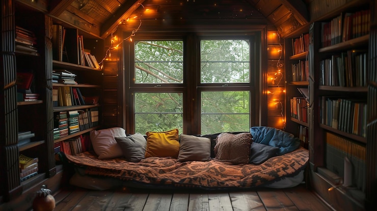 Photo a cozy reading nook filled with books and soft light reading nook