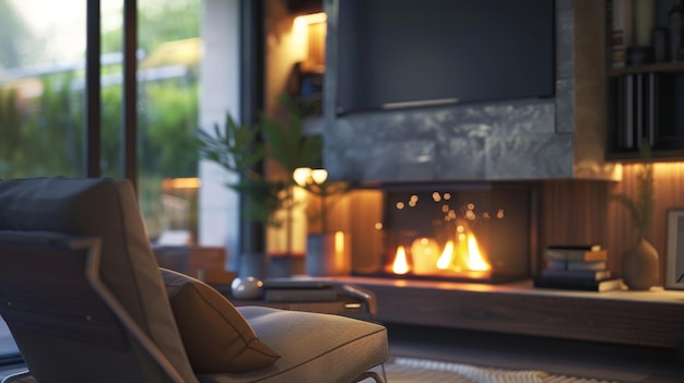 A cozy reading nook in front of a modern fireplace complete with a tv screen for entertainment d