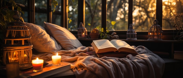 Photo cozy reading nook at golden hour