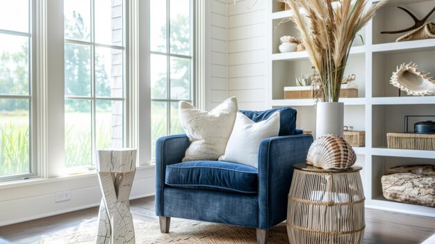 A cozy reading nook in the home is outfitted with a deep blue velvet armchair a white and natural