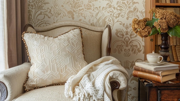 A cozy reading nook in the living room accented with a textured wallpaper featuring a delicate