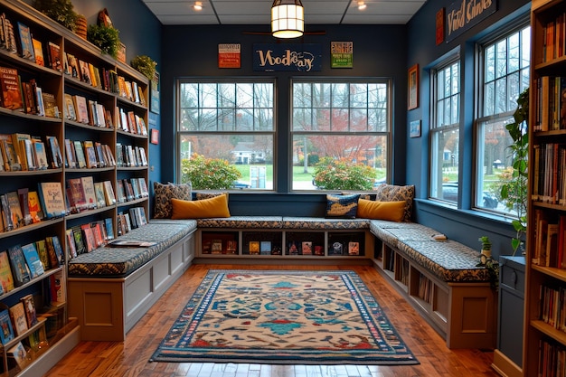 Foto un accogliente angolo di lettura in una biblioteca locale istituito appositamente per la giornata del libro