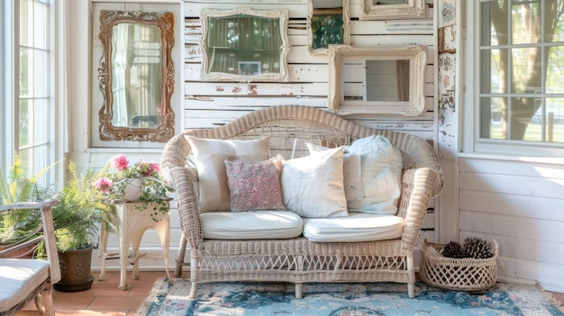 A cozy reading nook in a sunroom with distressed wicker furniture and a shabbychic rug the walls are