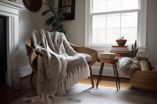 Photo cozy reading nook with basket of books blanket and glass of wine created with generative ai