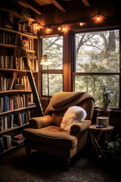 Photo cozy reading nook with books on mental health topics created with generative ai