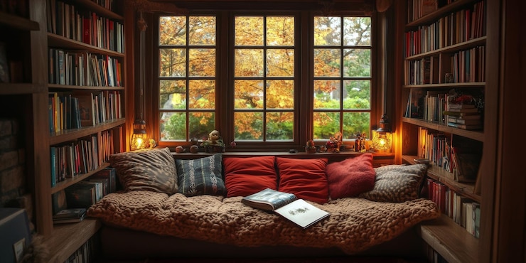 Photo cozy reading nook with bookshelf and window view