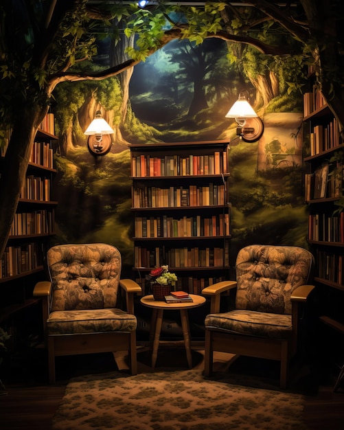 Photo a cozy reading nook with comfortable chairs and bookshelves inviting students