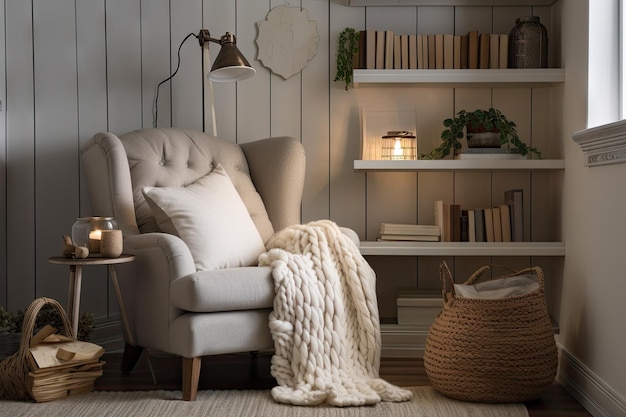 Cozy reading nook with cozy armchair and stack of books created with generative ai