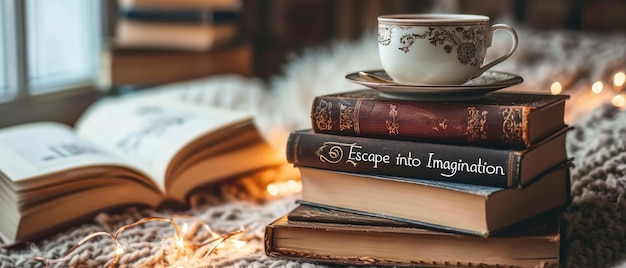 Photo a cozy reading nook with a pile of books and a cup of tea labeled escape into imagination