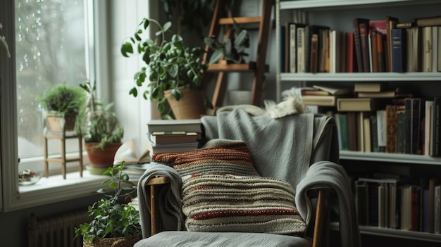 Photo a cozy reading nook with a plush chair a stack of books and a small indoor herb garden on a nearby