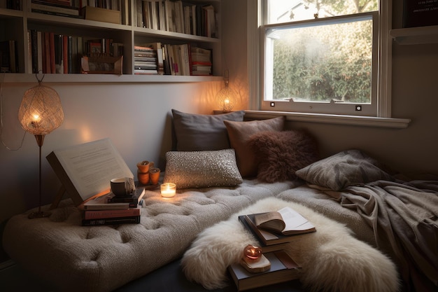 Cozy reading nook with plush pillows books and warm tea