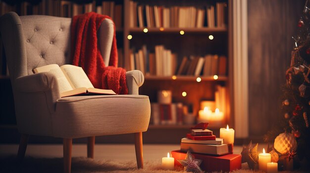 Уютный уголок для чтения с красным креслом, стопкой книг, свечами и рождественской елкой.