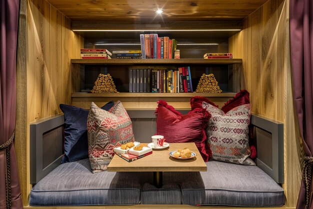 Foto angolo di lettura accogliente con scaffali di libri e piccolo tavolo con spuntini
