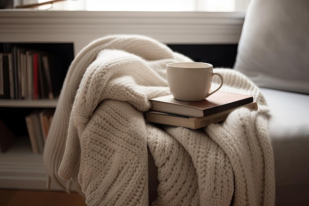 A cozy reading nook with soft blankets books and tea created with generative ai