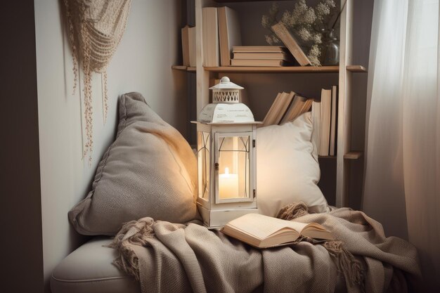 Cozy reading nook with soft blankets and lantern and book on pillow