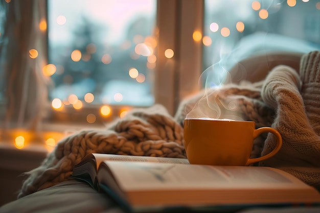 Photo a cozy reading nook with a steaming mug of coffee soft morning light creating a gentle bokeh