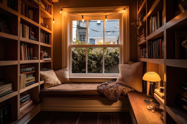 Cozy reading nook with a window seat and warm lighting