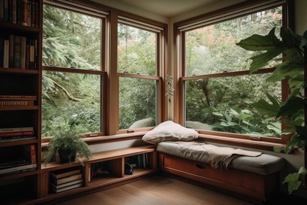 Уютный уголок для чтения с видом из окна на пышную зеленую листву, созданный с помощью генеративного искусственного интеллекта.