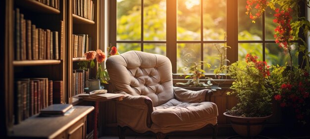 Foto una confortevole sala lettura con una poltrona e una libreria e una grande finestra