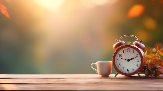 Foto inizio accogliente e rinfrescante della giornata orologio sveglia e tazza di caffè sul tavolo con sfondo sfocato