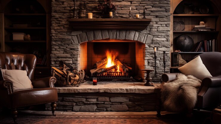 Photo cozy relaxation by the fireplace in a homely environmentai generative