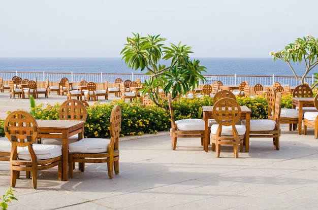 Cozy restaurant or cafe on territory of five star hotel with sea view in Sharm El Sheikh.