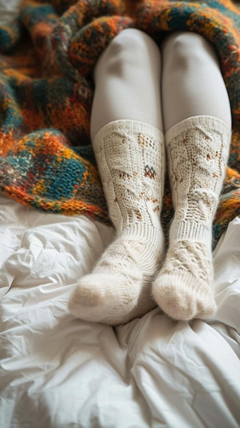 Cozy retreat legs in warm leggings and wool socks under blanket Vertical Mobile Wallpaper