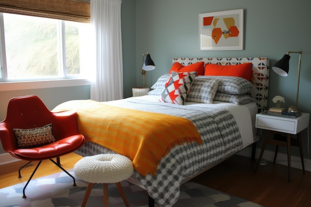 패턴 텍스처와 톡톡 튀는 색상의 모드 믹스가 있는 아늑한 복고풍 침실