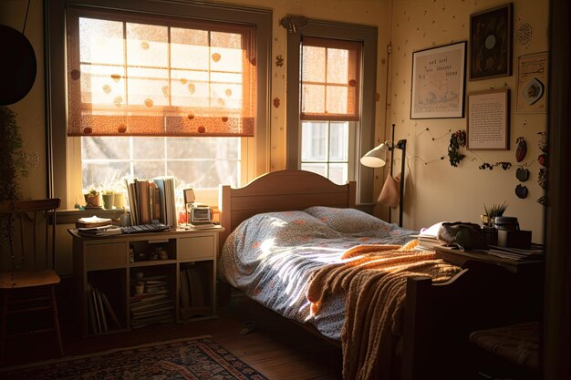 Cozy retro room with sunbeam shining through the window onto the bed