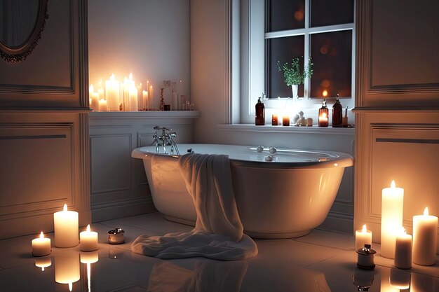 花柄の壁紙とジェネレーティブ AI で作成されたキャンドルのあるバスルームで居心地の良いロマンチックなベッドルーム