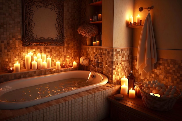 Cozy romantic design in bathroom interior by candlelight with brown tiles generative ai